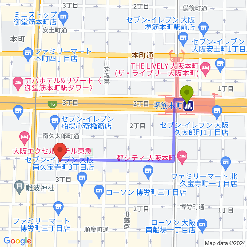 堺筋本町駅から三木楽器開成館へのルートマップ地図
