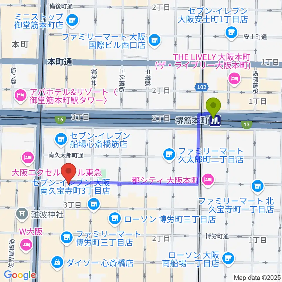 堺筋本町駅から三木楽器開成館へのルートマップ地図