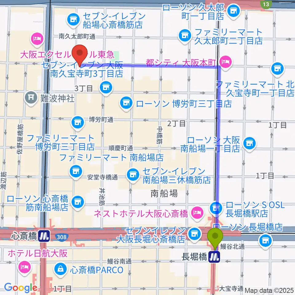 長堀橋駅から三木楽器開成館へのルートマップ地図
