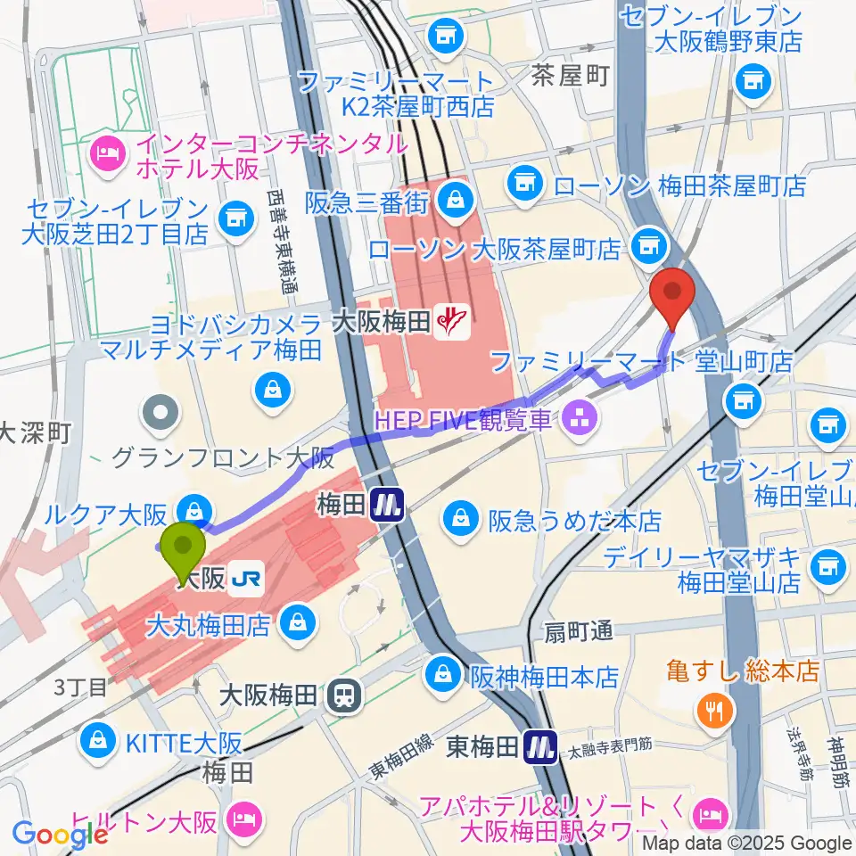 大阪駅からドルチェ・アートホールOsakaへのルートマップ地図