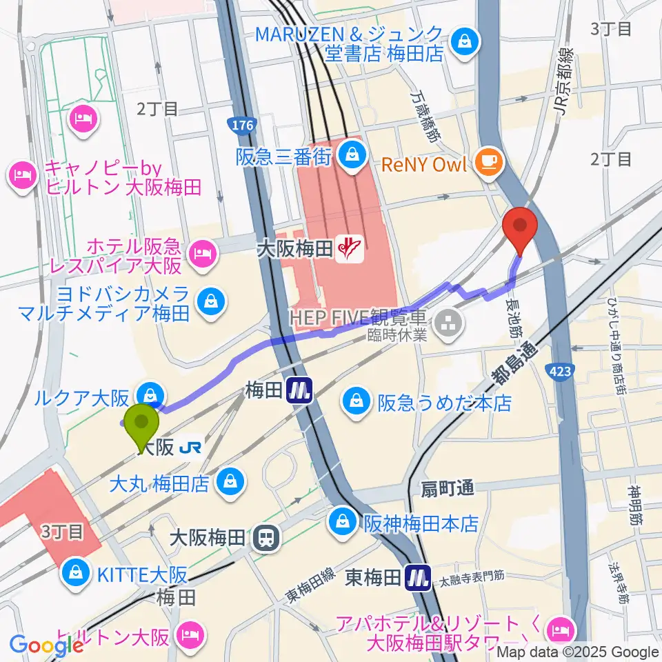 大阪駅からドルチェ・アートホールOsakaへのルートマップ地図