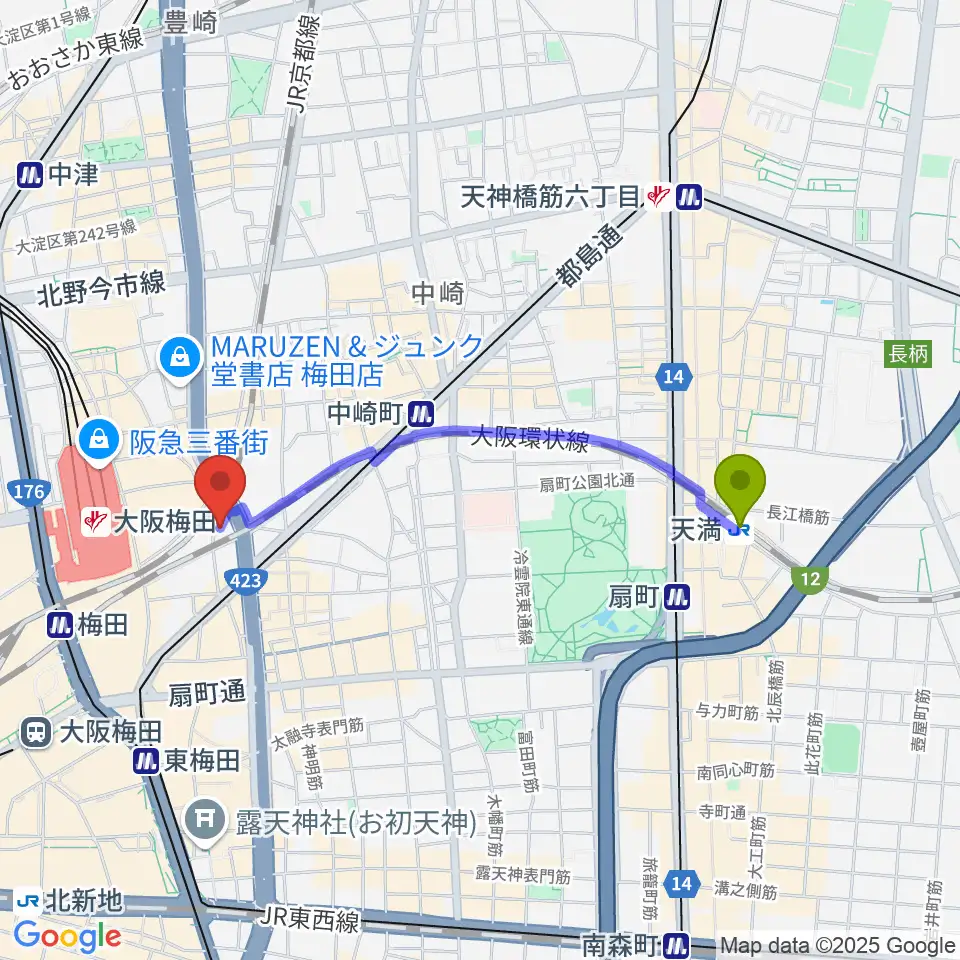 天満駅からドルチェ・アートホールOsakaへのルートマップ地図