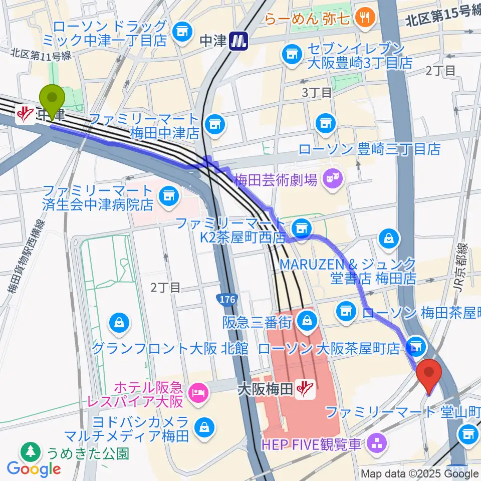 中津駅からドルチェ・アートホールOsakaへのルートマップ地図