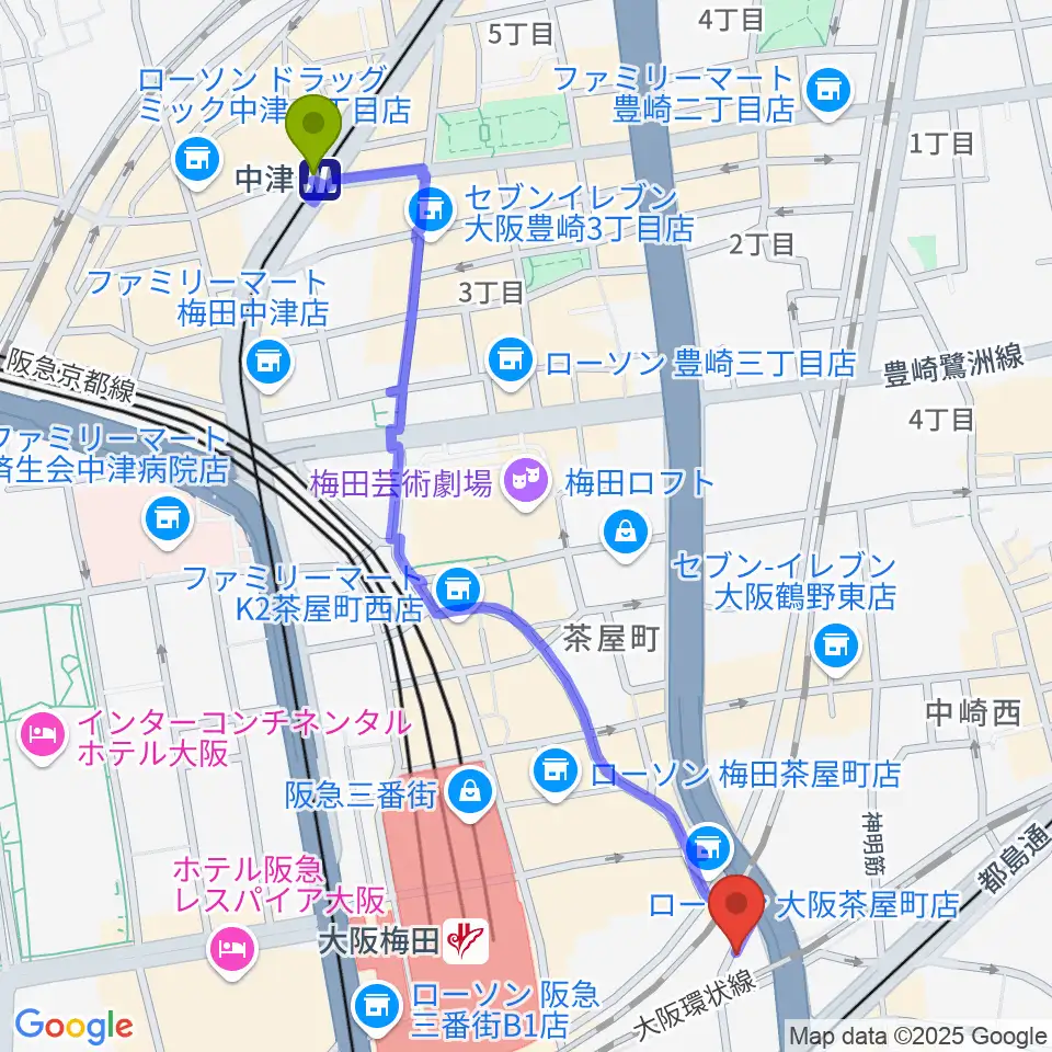 中津駅からドルチェ・アートホールOsakaへのルートマップ地図