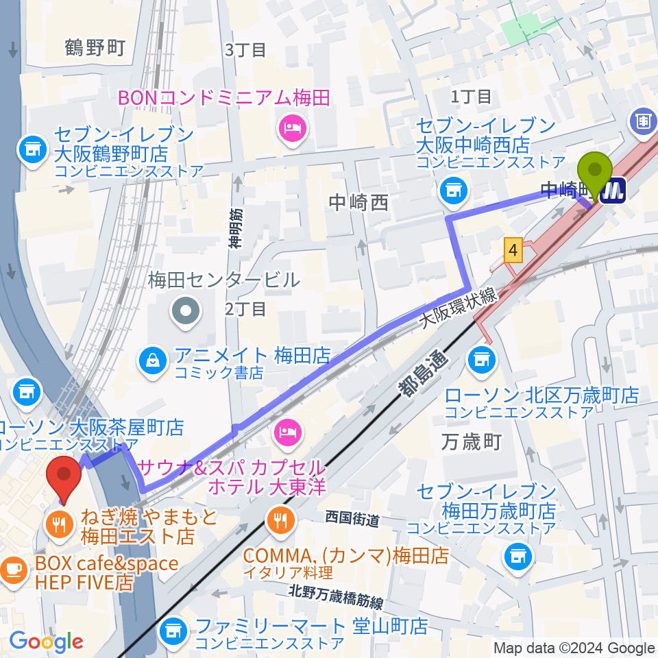 ドルチェ・アートホールOsakaの最寄駅中崎町駅からの徒歩ルート（約7分）地図