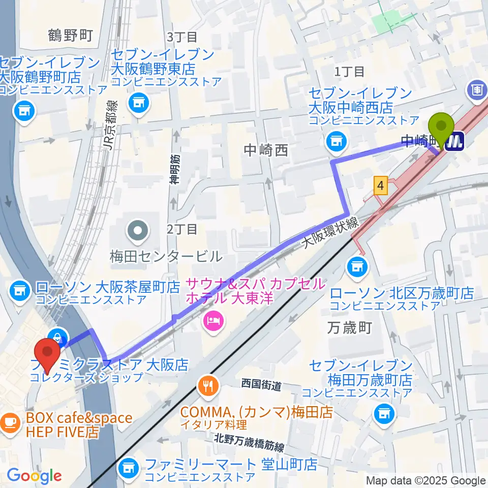 ドルチェ・アートホールOsakaの最寄駅中崎町駅からの徒歩ルート（約7分）地図