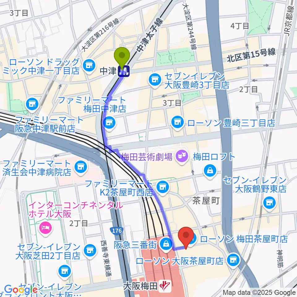 中津駅からMIKIミュージックサロン梅田へのルートマップ地図