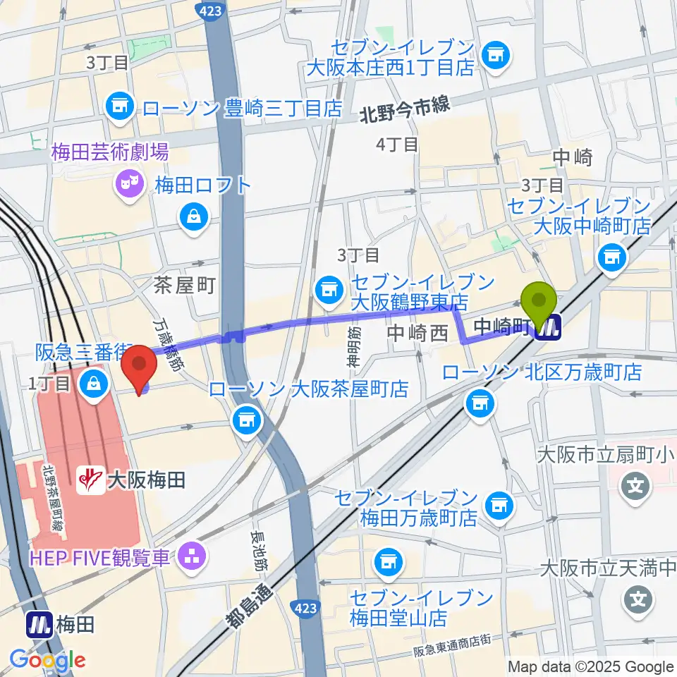 中崎町駅からMIKIミュージックサロン梅田へのルートマップ地図
