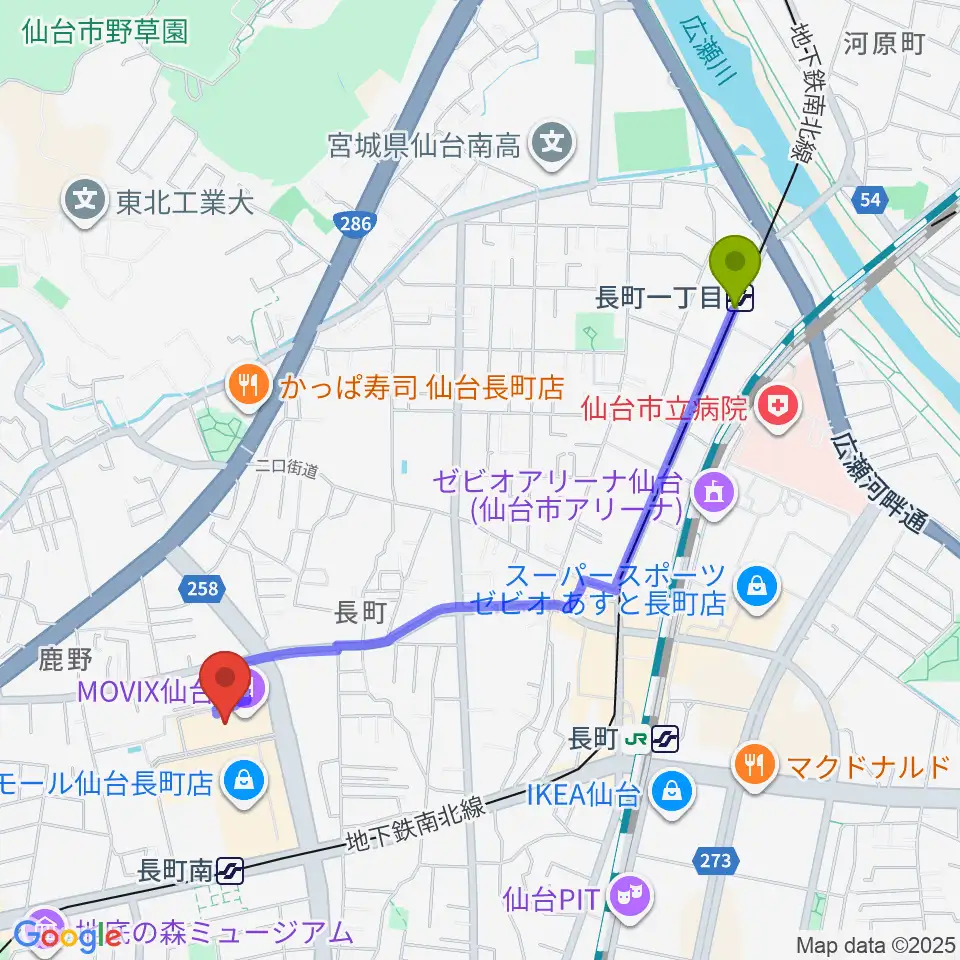 長町一丁目駅から島村楽器 仙台長町モール店へのルートマップ地図