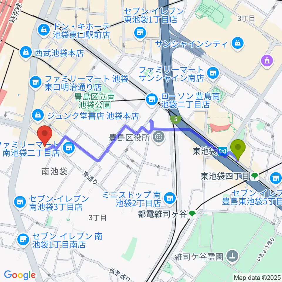 東池袋駅から池袋monoへのルートマップ地図