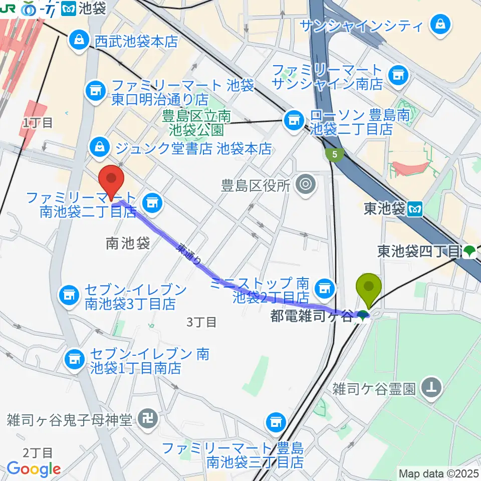 都電雑司ヶ谷駅から池袋monoへのルートマップ地図