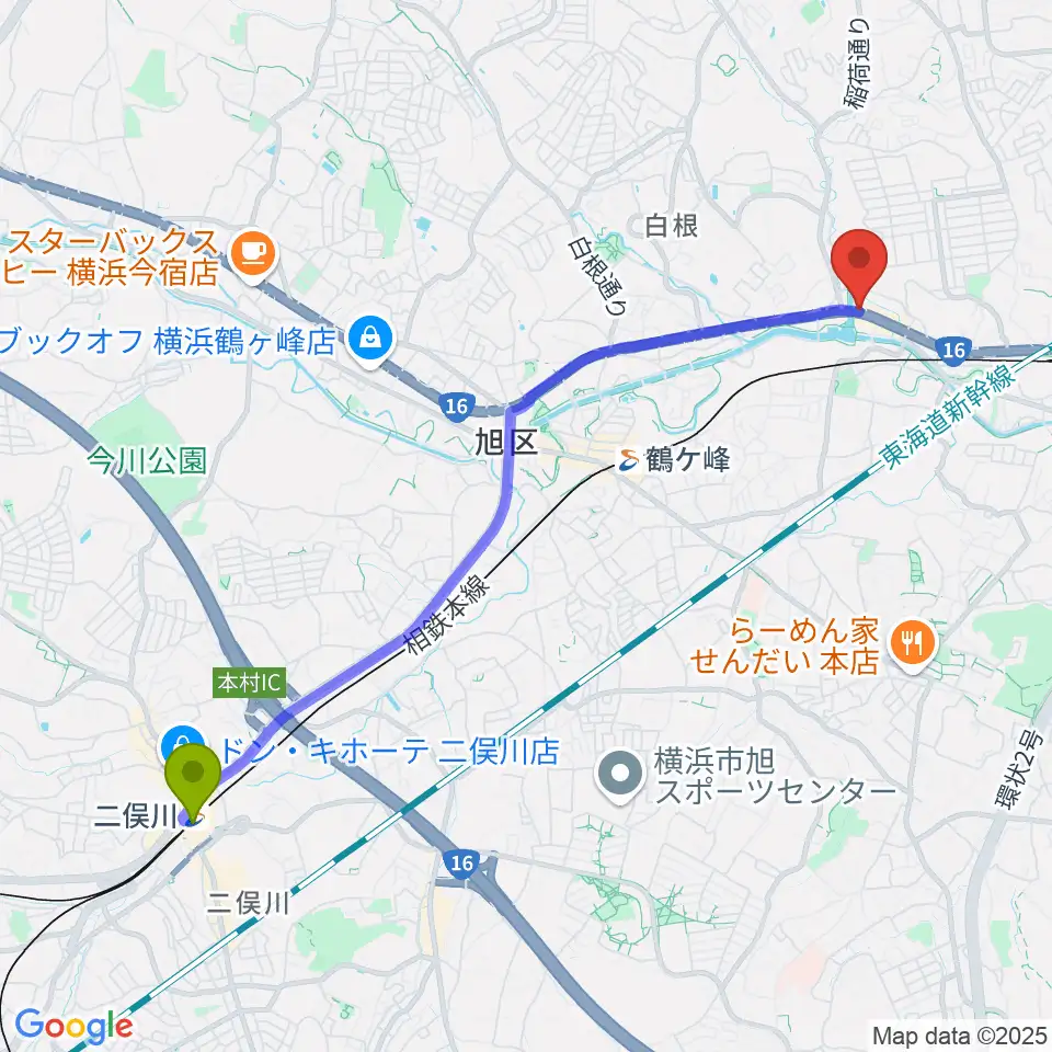 二俣川駅からシミズ ミュージックラボへのルートマップ地図