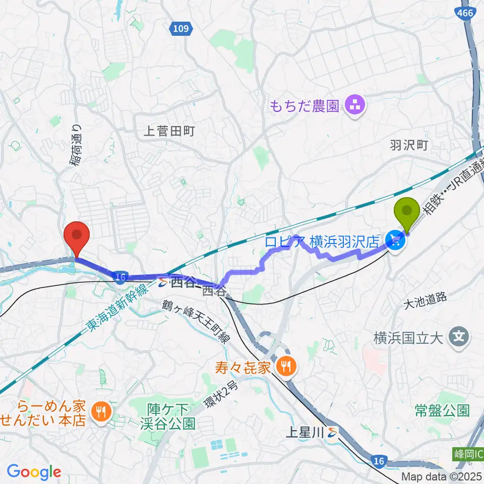 羽沢横浜国大駅からシミズ ミュージックラボへのルートマップ地図