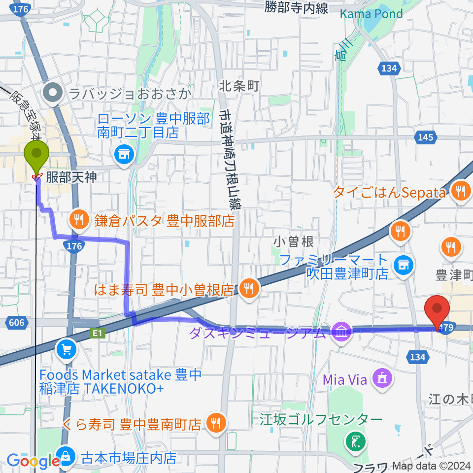 服部天神駅から江坂ツインリバーブへのルートマップ地図