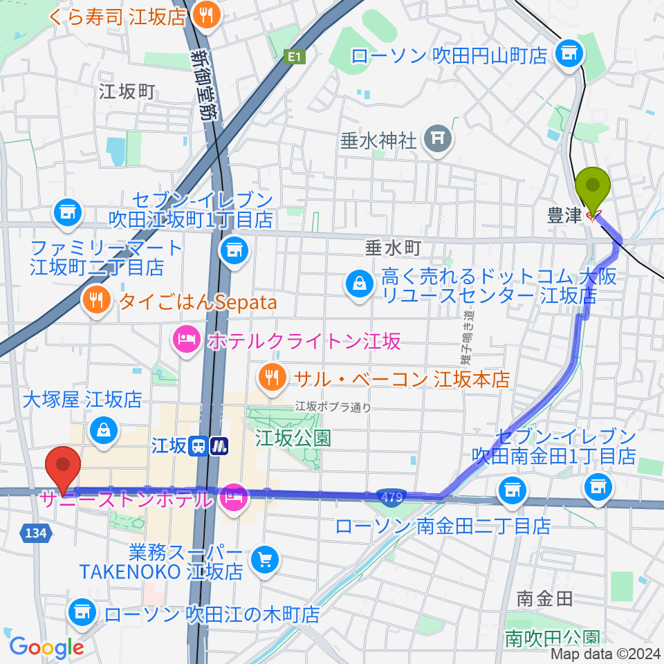 豊津駅から江坂ツインリバーブへのルートマップ地図