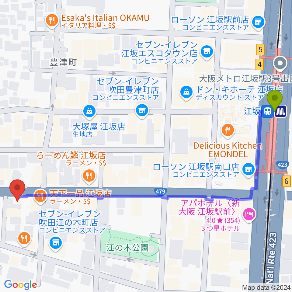 江坂ツインリバーブの最寄駅江坂駅からの徒歩ルート（約7分）地図