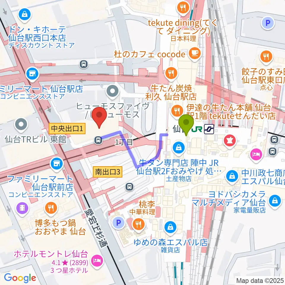 島村楽器 仙台ロフト店の最寄駅仙台駅からの徒歩ルート（約2分）地図