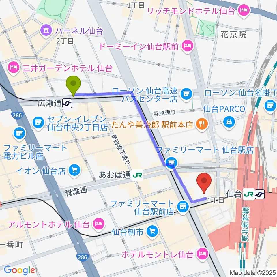 広瀬通駅から島村楽器 仙台ロフト店へのルートマップ地図
