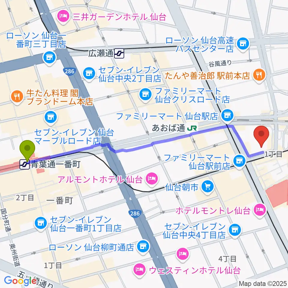 青葉通一番町駅から島村楽器 仙台ロフト店へのルートマップ地図