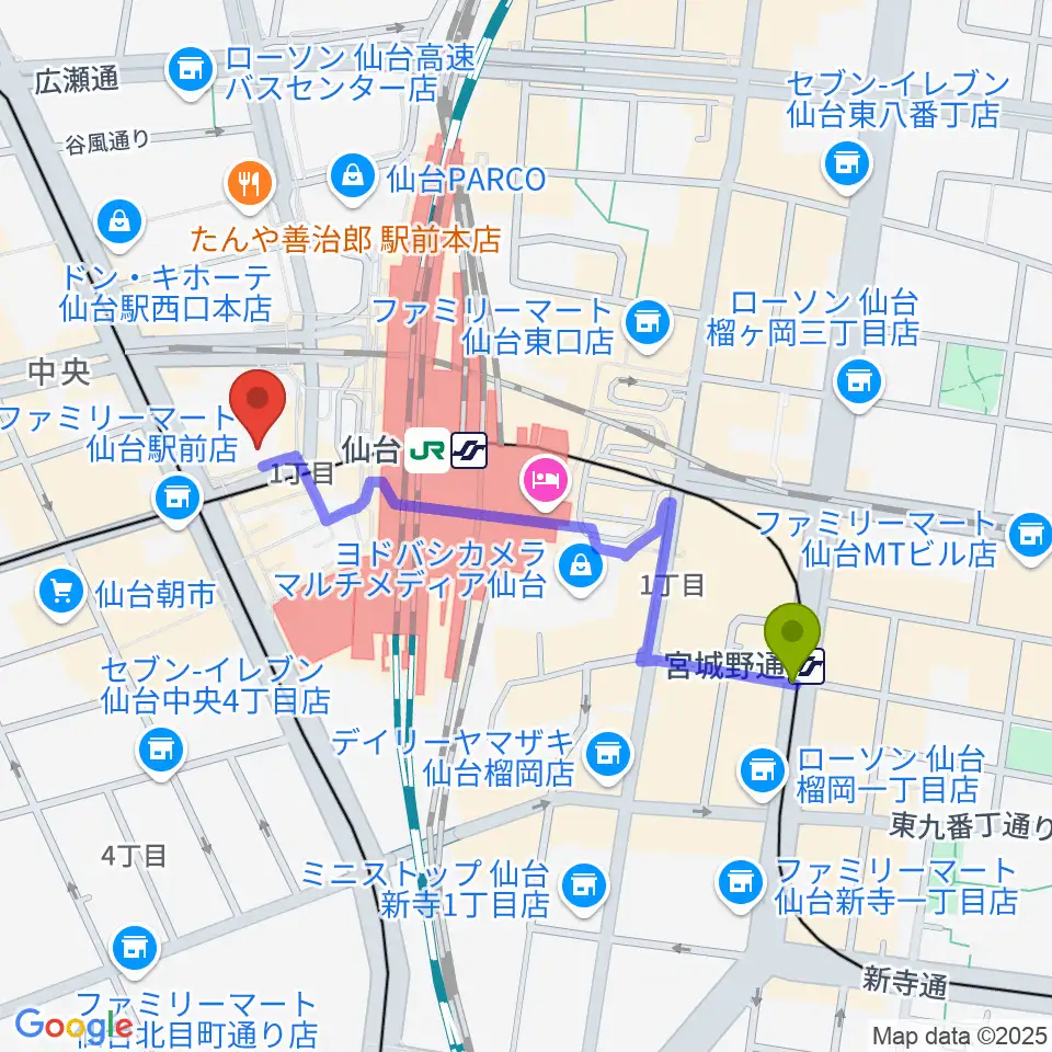 宮城野通駅から島村楽器 仙台ロフト店へのルートマップ地図