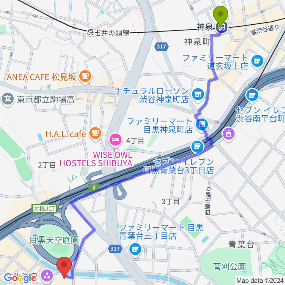 神泉駅からヒガシヤマピアノスタジオへのルートマップ地図