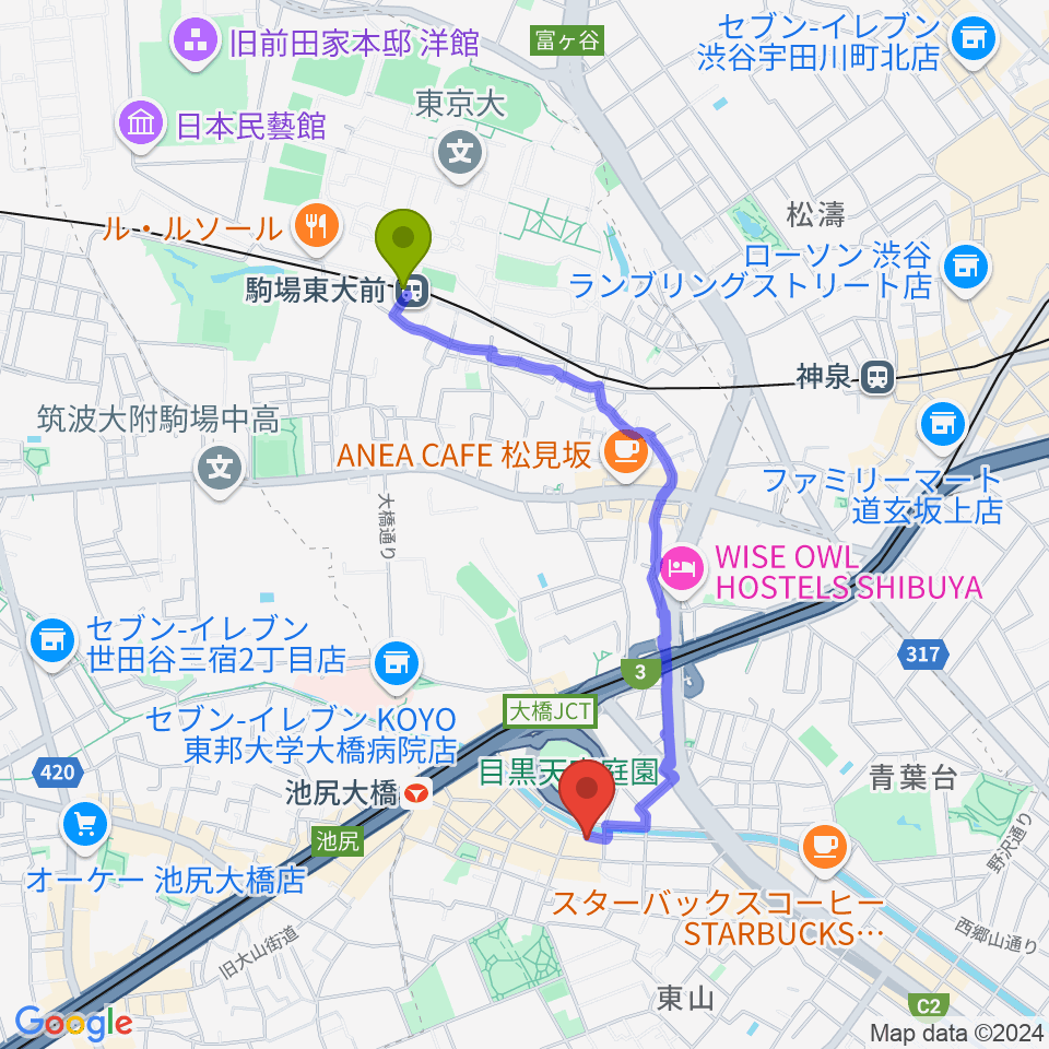 駒場東大前駅からヒガシヤマピアノスタジオへのルートマップ地図