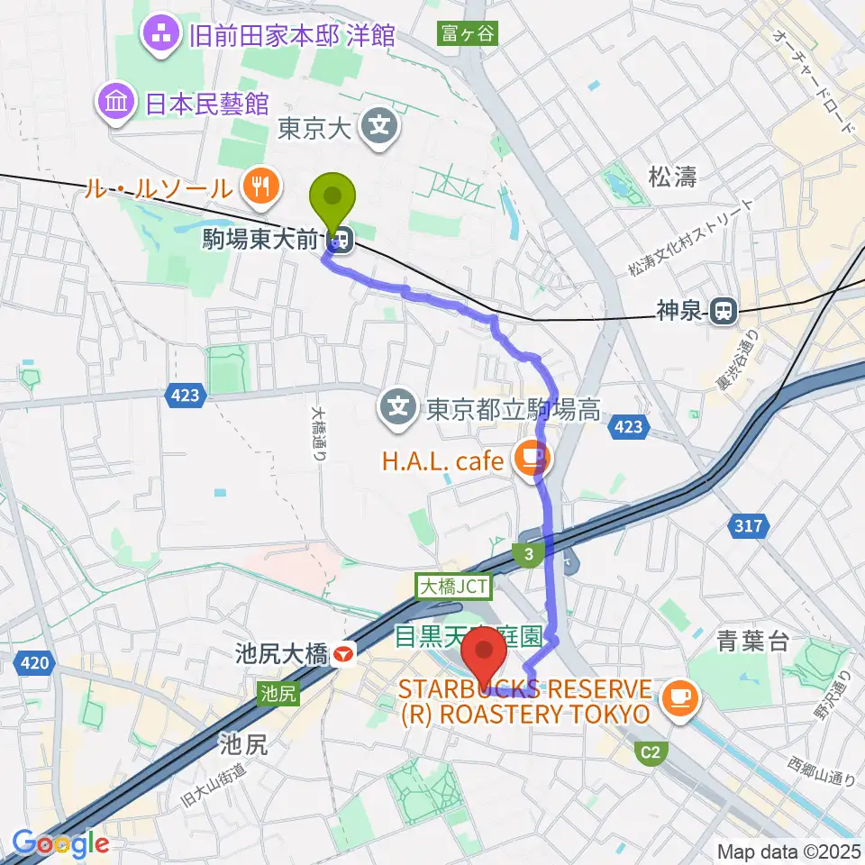 駒場東大前駅からヒガシヤマピアノスタジオへのルートマップ地図