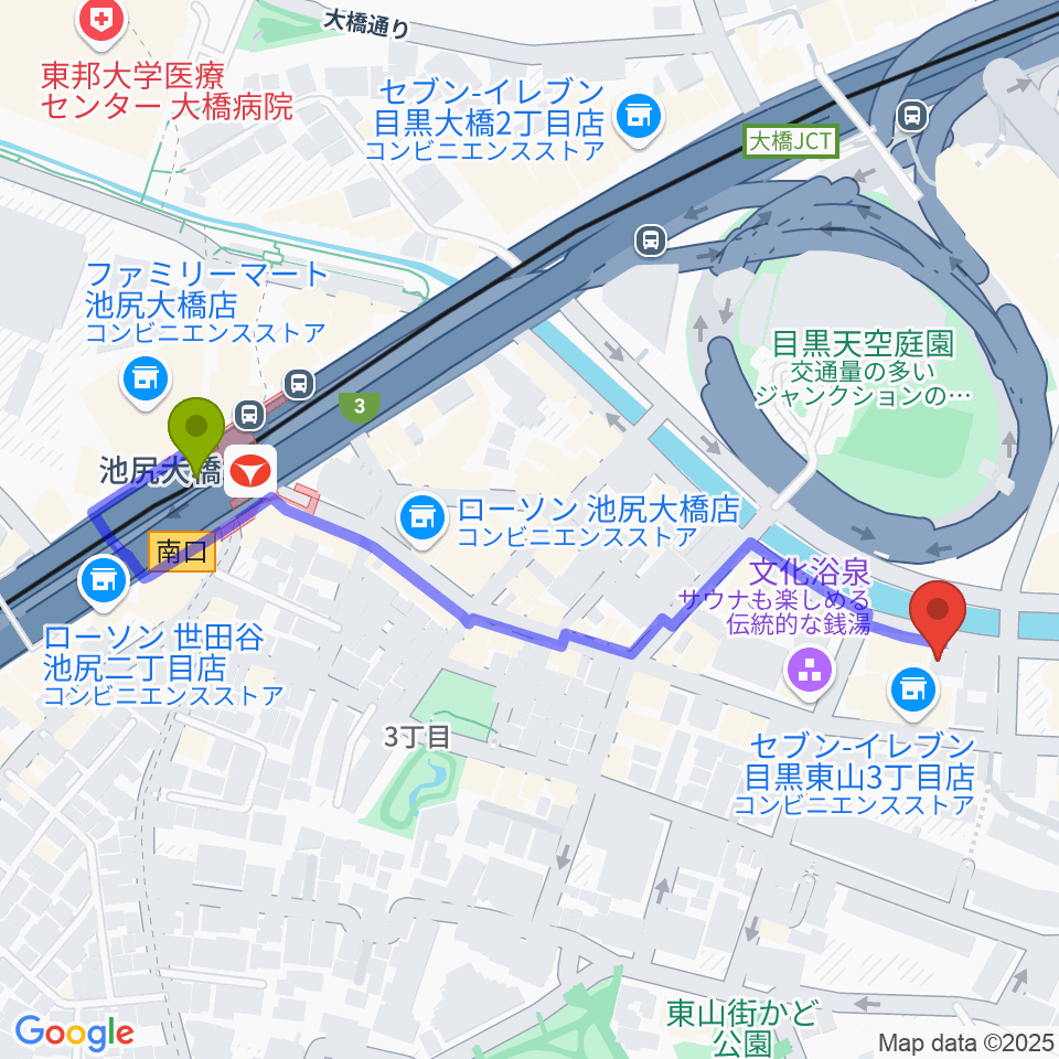 ヒガシヤマピアノスタジオの最寄駅池尻大橋駅からの徒歩ルート（約6分）地図