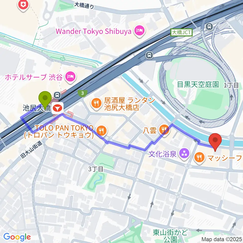ヒガシヤマピアノスタジオの最寄駅池尻大橋駅からの徒歩ルート（約6分）地図