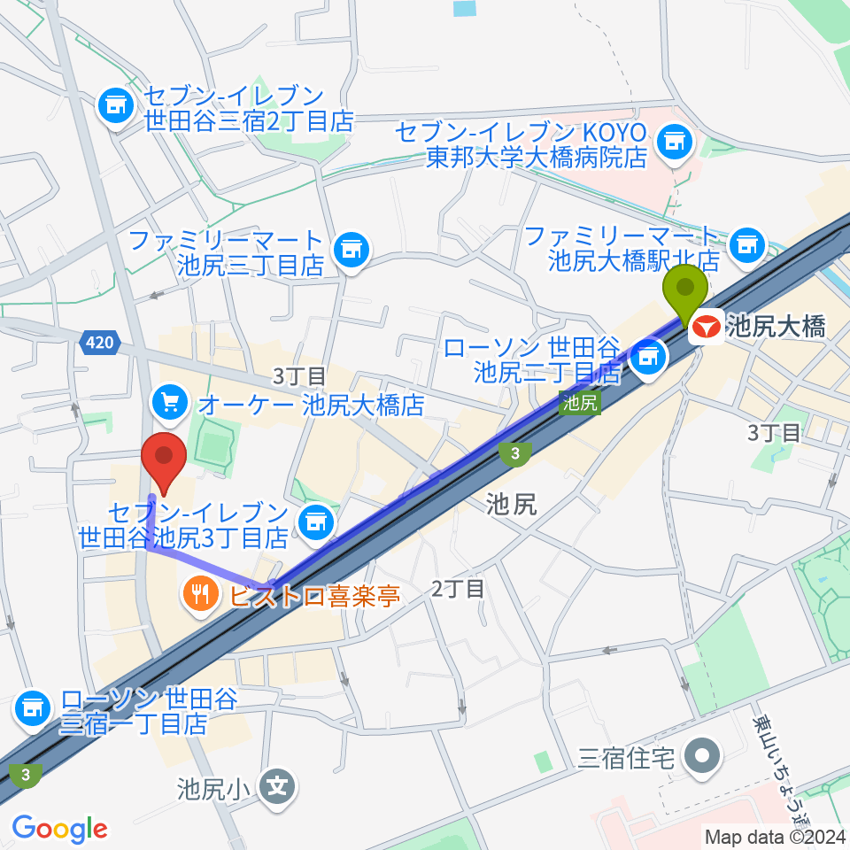 KMAパラダイスホールの最寄駅池尻大橋駅からの徒歩ルート（約10分）地図