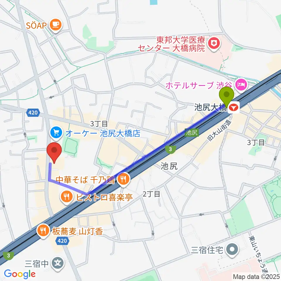 KMAパラダイスホールの最寄駅池尻大橋駅からの徒歩ルート（約10分）地図