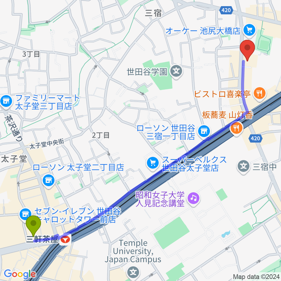 三軒茶屋駅からKMAパラダイスホールへのルートマップ地図