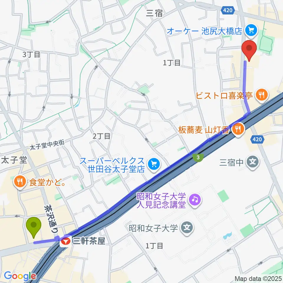 三軒茶屋駅からKMAパラダイスホールへのルートマップ地図