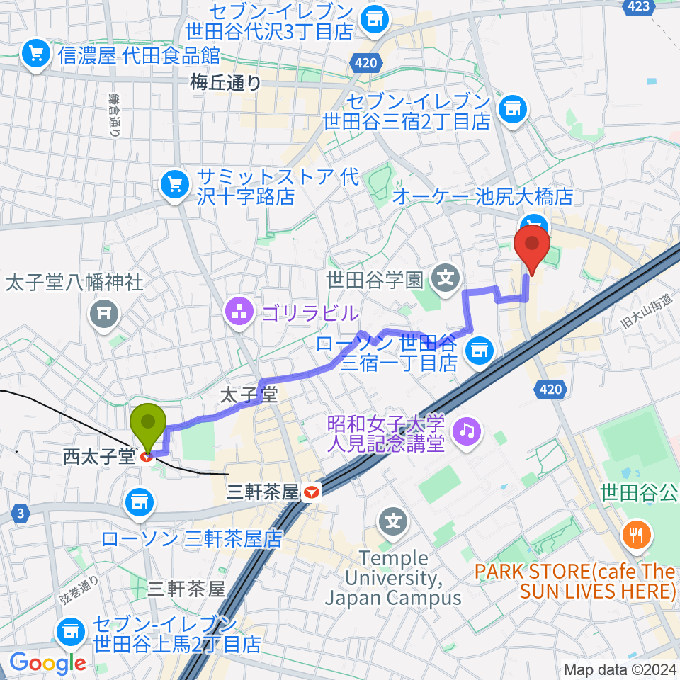 西太子堂駅からKMAパラダイスホールへのルートマップ地図