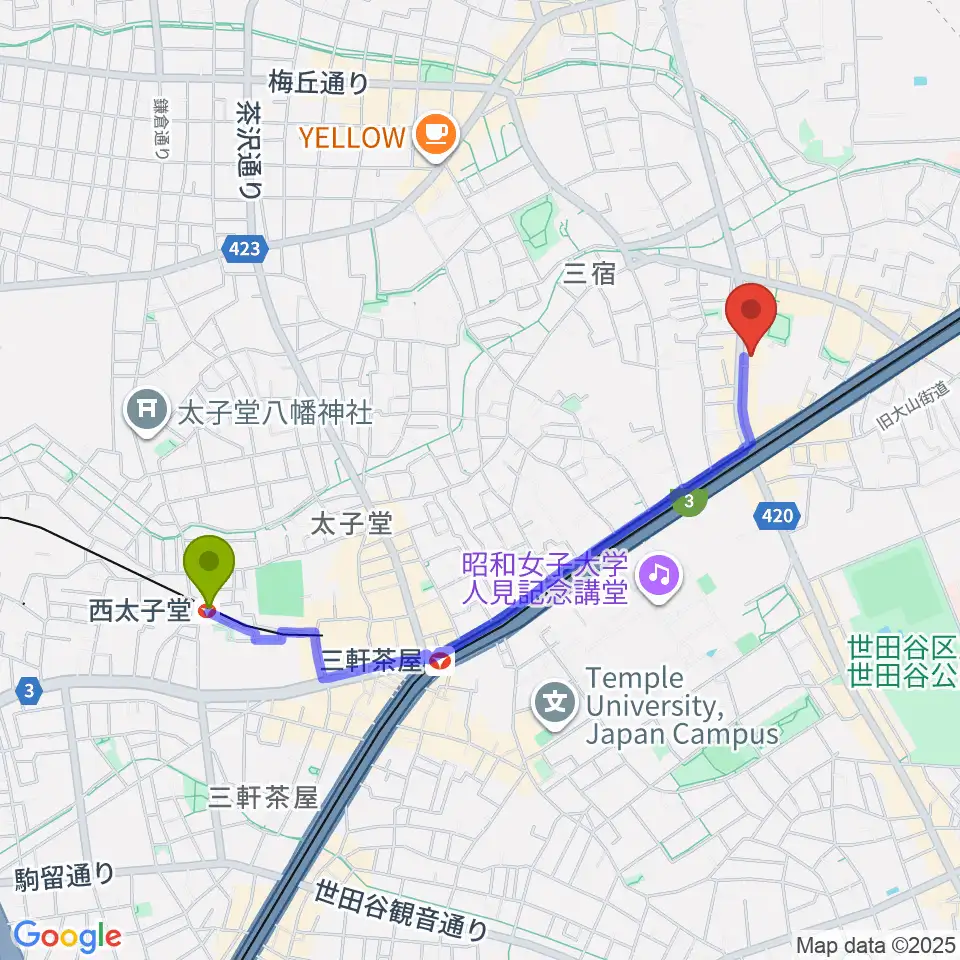 西太子堂駅からKMAパラダイスホールへのルートマップ地図