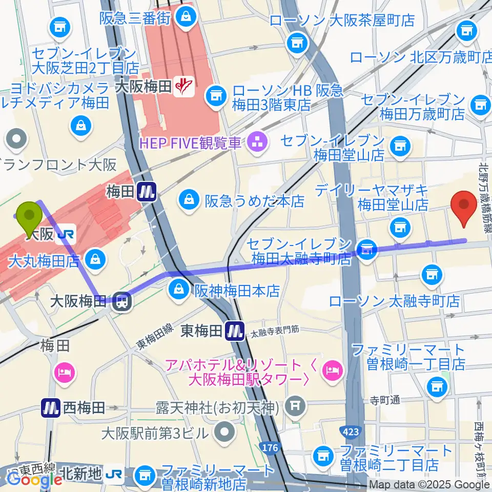 大阪駅からベースオントップ大阪梅田店へのルートマップ地図