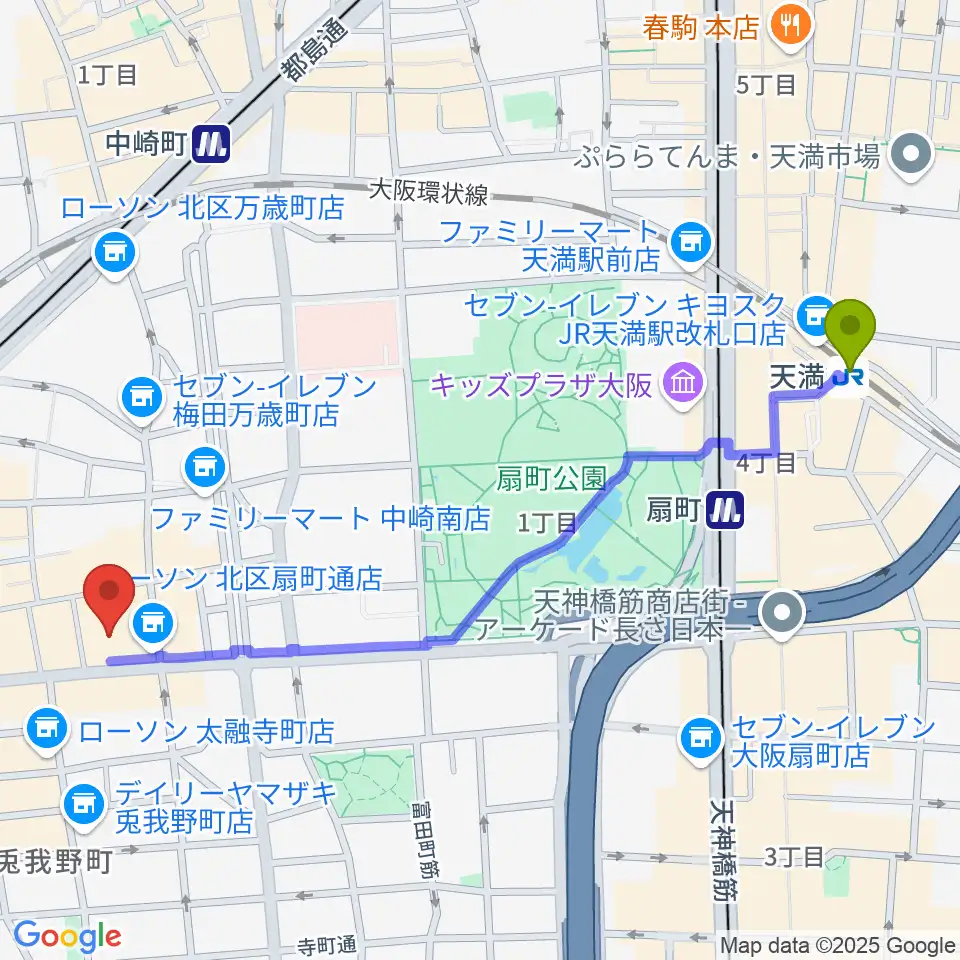 天満駅からベースオントップ大阪梅田店へのルートマップ地図