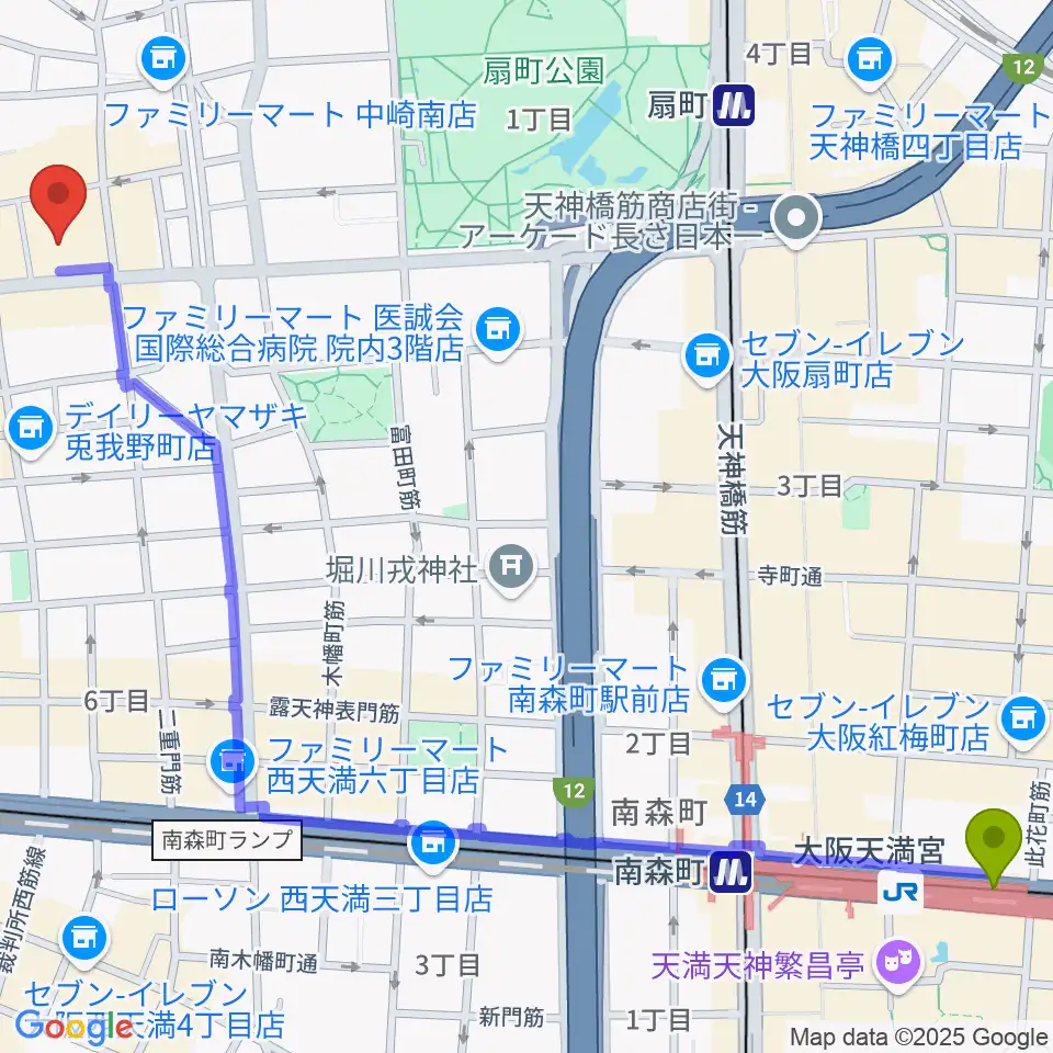 大阪天満宮駅からベースオントップ大阪梅田店へのルートマップ地図