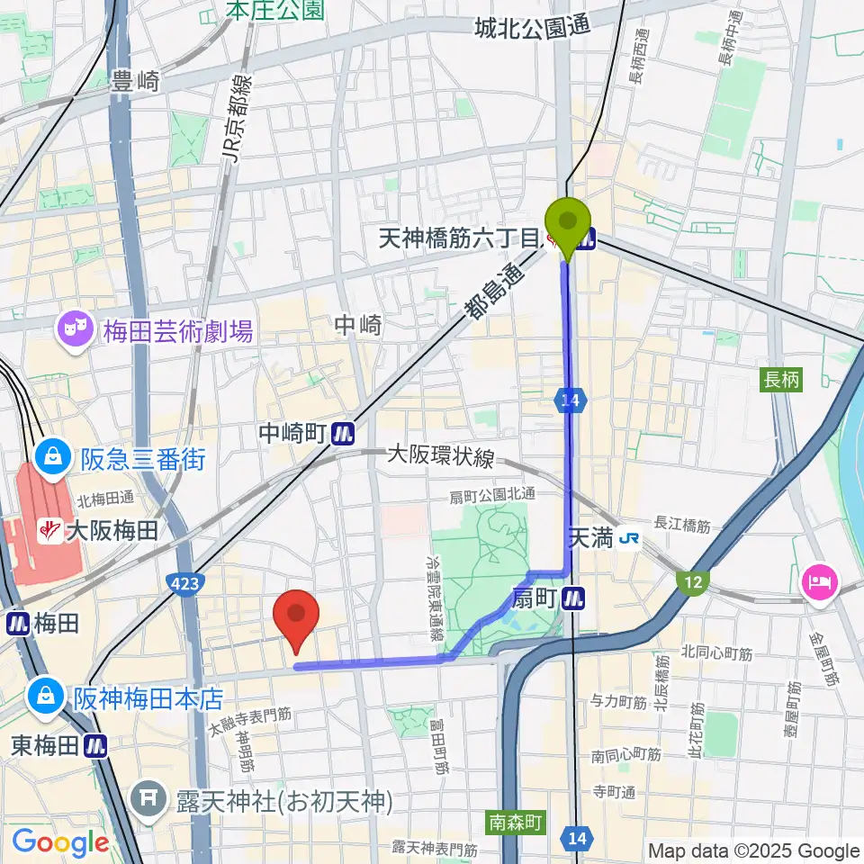 天神橋筋六丁目駅からベースオントップ大阪梅田店へのルートマップ地図