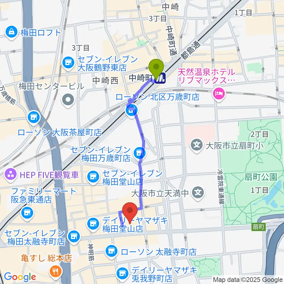 ベースオントップ大阪梅田店の最寄駅中崎町駅からの徒歩ルート（約8分）地図