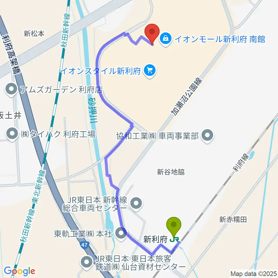 島村楽器イオンモール新利府 南館店の最寄駅新利府駅からの徒歩ルート（約10分）地図