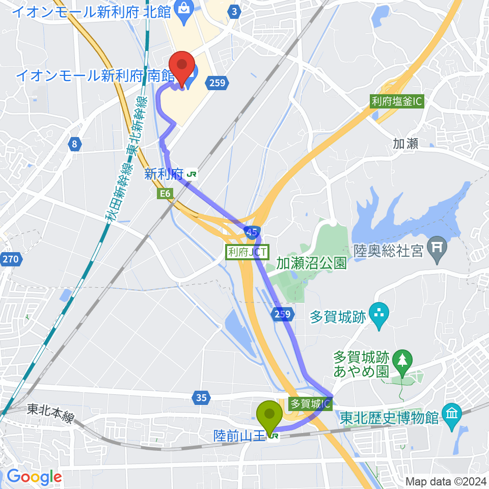 陸前山王駅から島村楽器イオンモール新利府 南館店へのルートマップ地図