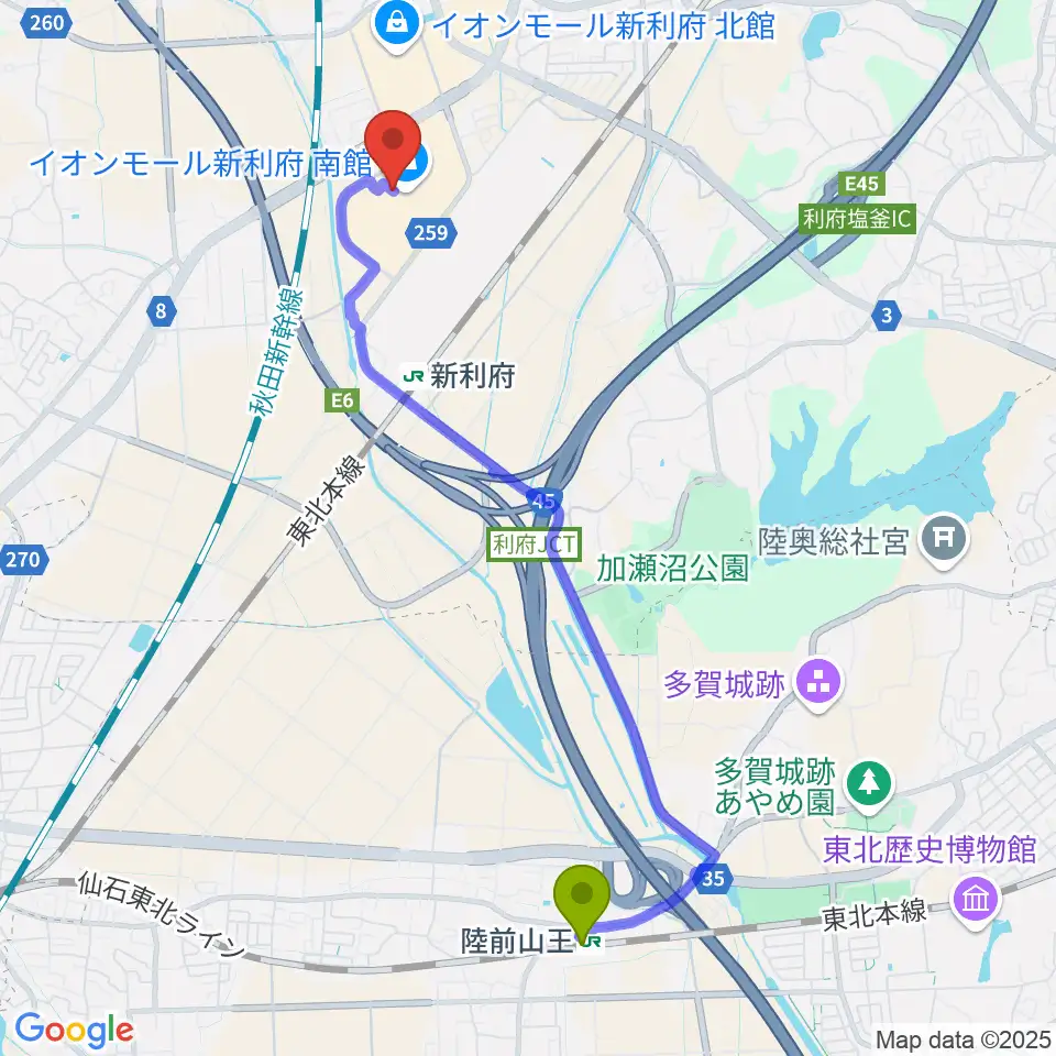 陸前山王駅から島村楽器イオンモール新利府 南館店へのルートマップ地図