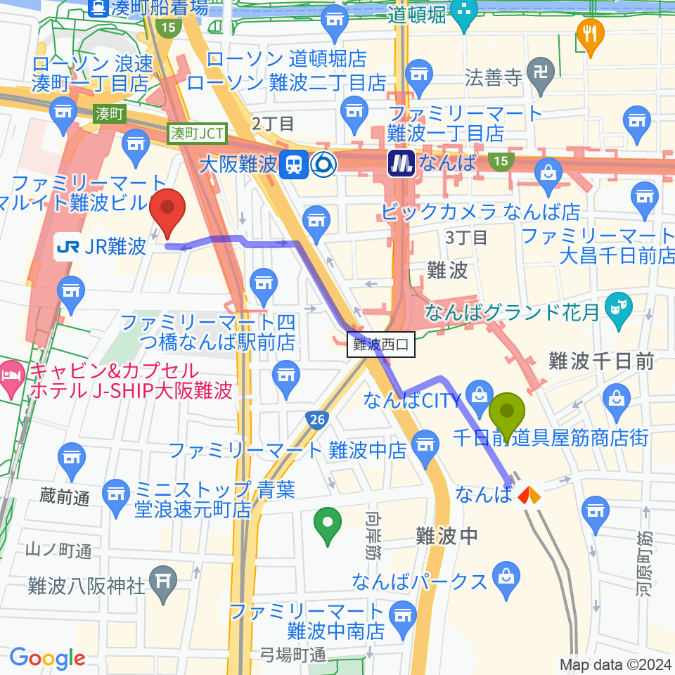 難波駅からベースオントップなんば店へのルートマップ地図