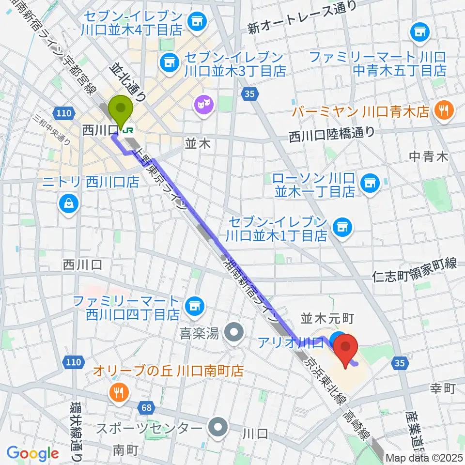 西川口駅からヤマノミュージックサロン川口へのルートマップ地図