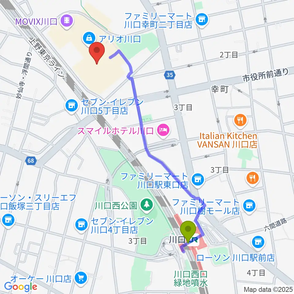 ヤマノミュージックサロン川口の最寄駅川口駅からの徒歩ルート（約11分）地図