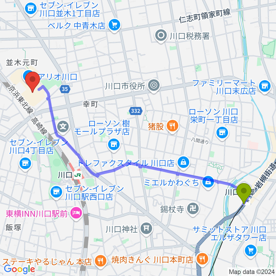 川口元郷駅からヤマノミュージックサロン川口へのルートマップ地図