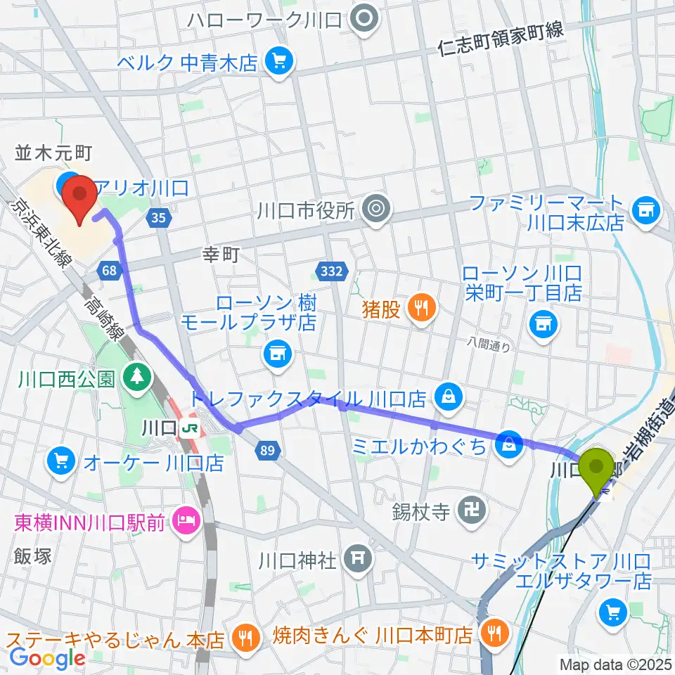 川口元郷駅からヤマノミュージックサロン川口へのルートマップ地図