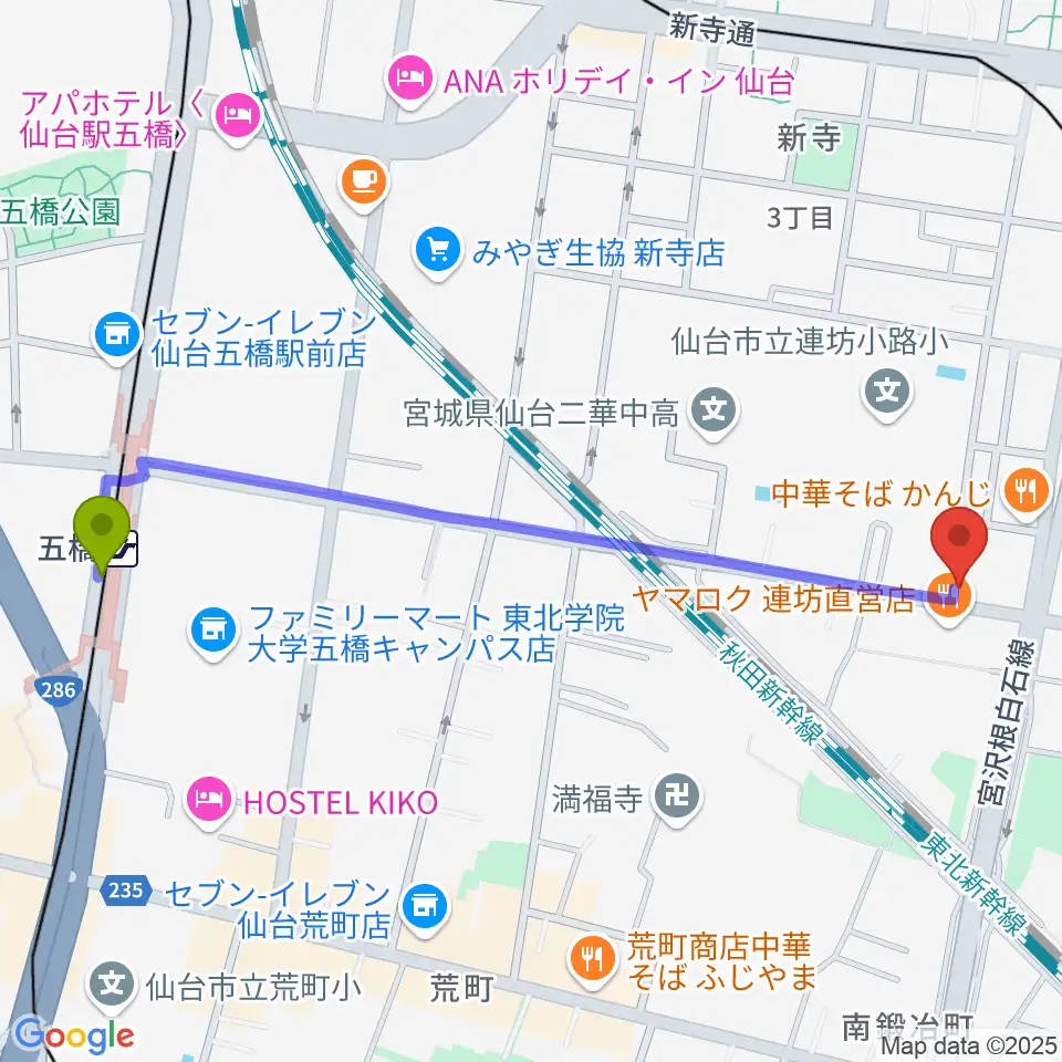 五橋駅からハタケヤマ楽器へのルートマップ地図