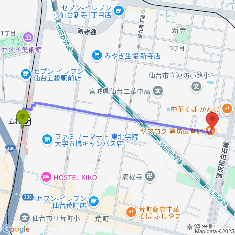 五橋駅からハタケヤマ楽器へのルートマップ地図
